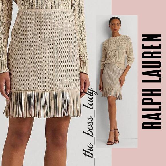 Ralph Lauren leather skirt fringe trim lambskin luxury designer timeless 16